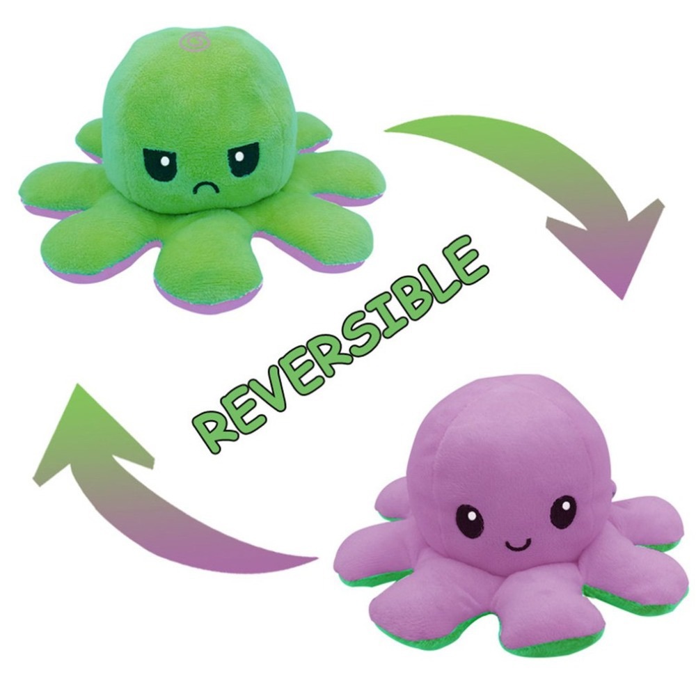 Reversible octopus green and purple stuffed plush